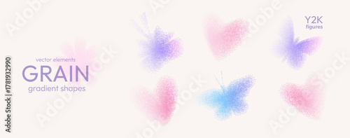 Grain gradient butterfly and heart set. Y2k love symbols icons. Dot gradation airbrush flying blue and pink transition spray illustration. Vector vintage aesthetic grainy heart and butterflies figures