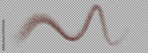 Coffee powder top view. Grounded cocoa squiggle background. Noise dark brown gradients fly curved shape. Grainy texture splash wavy long textured element. Dotwork seed form. Vector gritty wavy line.