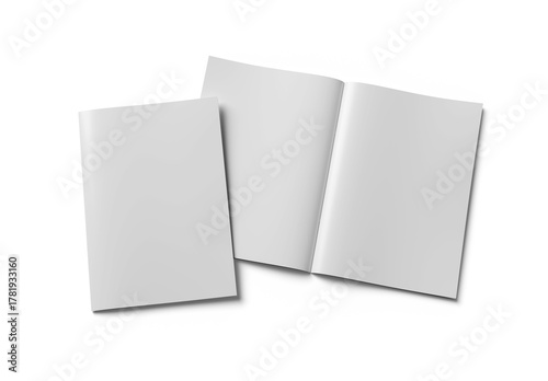Open magazine and magazine cover isolated on transparent background. Cut out blank brochure mockup 3D rendering