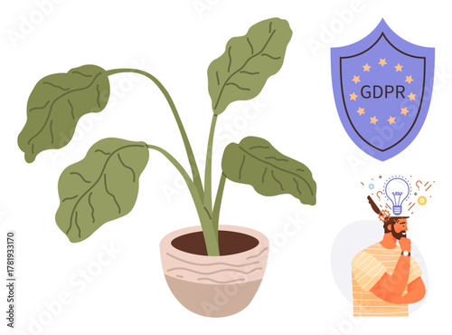 Green potted plant, GDPR shield with stars, man contemplating with lightbulb idea. Ideal for creativity, innovation, privacy, regulation, compliance environment personal growth. Simple flat