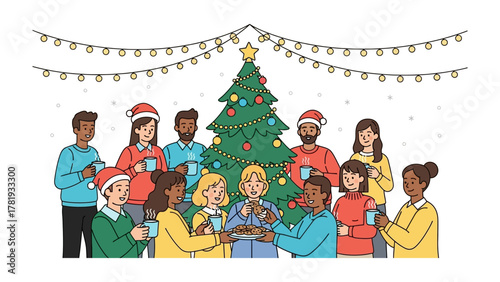 Festive Gathering: A diverse group of people surrounds a decorated Christmas tree, exchanging gifts and sharing heartwarming moments, with a feeling of togetherness.