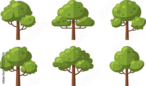 Illustration of a collection flat cartoon trees with bright green leaves