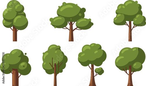 Illustration of a collection flat cartoon trees with bright green leaves