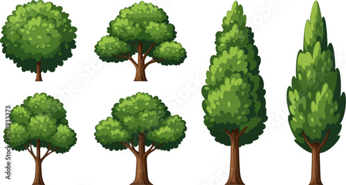 Illustration of a collection flat cartoon trees with bright green leaves