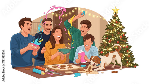 Holiday Revelry: A festive gathering of friends and family unfolds, with laughter, treats, and colorful confetti. This illustration captures the warmth and togetherness of the holiday season.