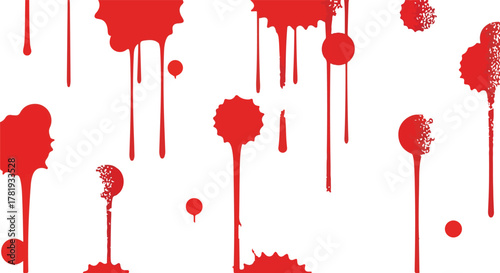 Red splatters and drips on a white background resembling blood drops in varied shapes and sizes