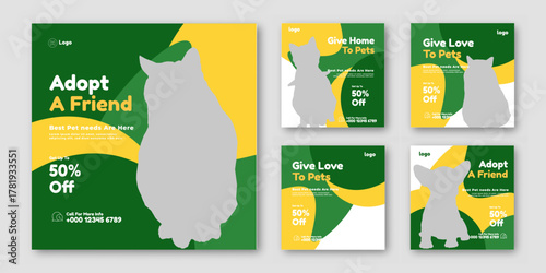 Set of pet care promotion banner social media pack template. Pet adoption social media post template. Pet shop social media carousel template.
