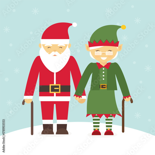 Santa and Elf Holding Hands in Winter Wonderland, Illustration, Cheerful Environment, Playful Concept