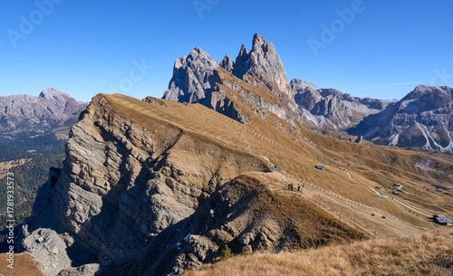 A stunning view of the sharp Seceda mountain ridge in the Dolomites, Italy. A popular tourist destination for the whole family.