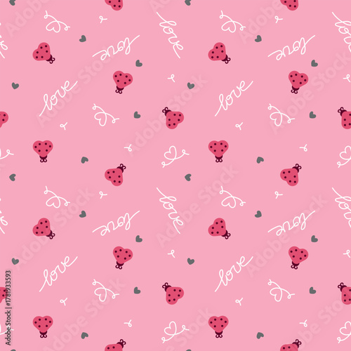 Pink seamless pattern with red ladybugs and handwritten love words in cute romantic style