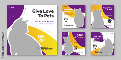 Set of pet care promotion banner social media pack template. Pet adoption social media post template. Pet shop social media carousel template.