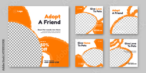 Set of Adopt pet care promotion banner social media pack template. Pet adoption social media post template. Pet shop social media carousel template.