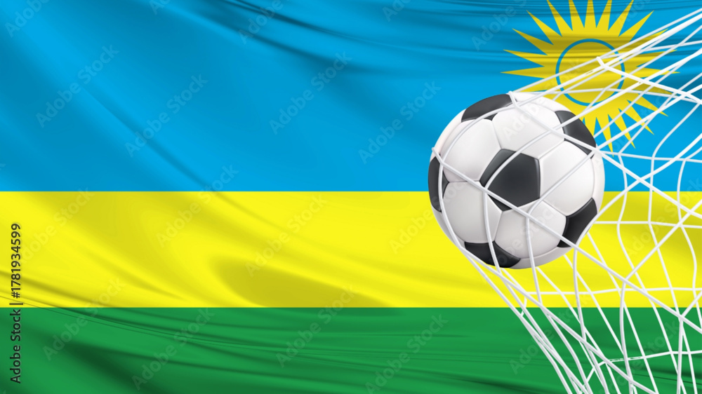 Naklejka premium Football ball with the national flag of rwanda . Flag of rwanda. Horizontal Realistic waving flag of State of rwanda . Fabric textured flowing flag of rwanda 