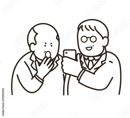 スマートフォンの画面を一緒に見る中年男性二人のイラスト　線画のみ