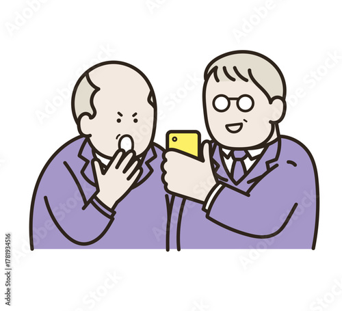 スマートフォンの画面を一緒に見る中年男性二人のイラスト