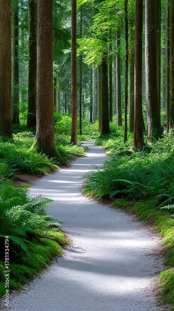 Fototapeta premium Sunlight filters through lush green trees onto a winding white gravel path through a dense forest creating dappled shadows and a serene natural landscape