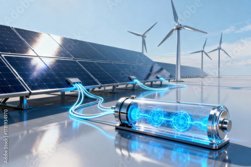 Solar panel and wind turbine connected to futuristic energy storage battery with glowing blue electric current on reflective surface under clear sky
