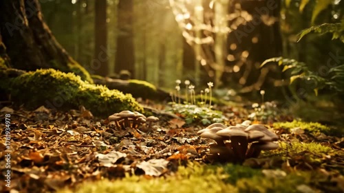 Slow Dolly Shot Through a Sun-Dappled Ancient Forest Floor with Shallow Depth of Field woodland, background, beauty