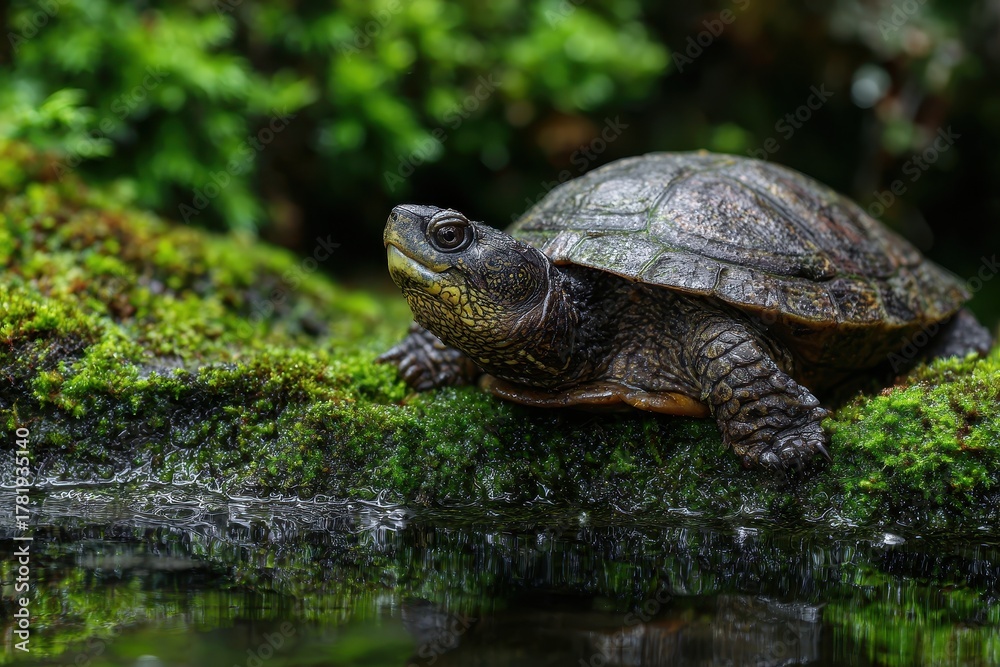 Obraz premium European Bog Turtle Relaxing on a Moss-Covered Stone at the Edge of a Tranquil Duck Pond