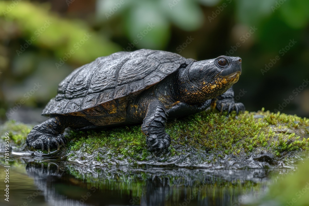 Obraz premium European Bog Turtle Relaxing on a Moss-Covered Rock by Serene Water in a Tranquil Duck Pond