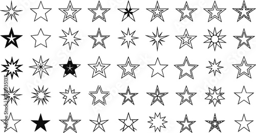 Star shape icon set, 56 unique designs, outline and filled styles, geometric patterns, vector symbols, decorative graphic elements