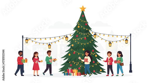 Joyful Christmas Gathering: A vibrant holiday illustration of a diverse group of people gathering, sharing gifts and celebrating the season with cheer, warmth.