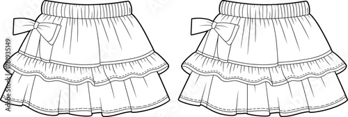 Cad drawing flat vector illustration, layered ruffle skirt, elastic waistband design, fashion sketch, garment construction template, technical clothing detail