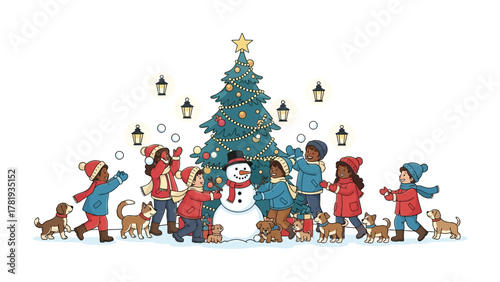 Winter Wonderland: Capturing the holiday spirit, children joyfully build a snowman while decorating a Christmas tree with presents and snowballs in a snowy atmosphere.