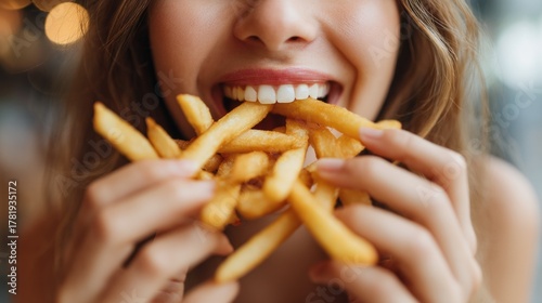 A cheerful woman is savoring a delicious handful of golden french fries, smiling brightly as she indulges in her favorite snack at a warm cafe during the afternoon
