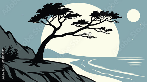 Serene coastal landscape illustration with a lone pine tree silhouetted against a large moonrise over the ocean