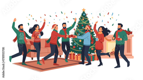 Holiday Festive Gathering: A vibrant holiday gathering unfolds, a cheerful group celebrating around a beautifully adorned evergreen tree, exchanging gifts and sharing laughter in a cozy interior.