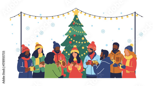 Festive Gathering: A diverse group of people huddle around a beautifully decorated Christmas tree, exchanging warm wishes and enjoying the cozy winter atmosphere.