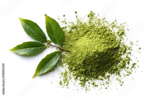 Fresh Green Kratom Powder. Herbal Alternative for Pain Management and Opioid Withdrawal, Isolated on White
