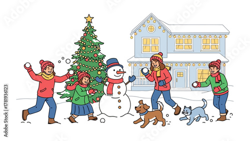 Winter's Joy: A delightful illustration of a festive scene, where family frolics in the snow, crafting a snowman. Capturing the spirit of togetherness and the magic of the holiday season.