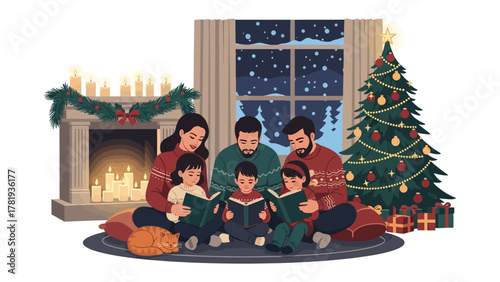 Cozy Christmas Story Time: A heartwarming illustration of a family gathered around, sharing stories by the warm fireplace, a Christmas tree adding festive cheer.