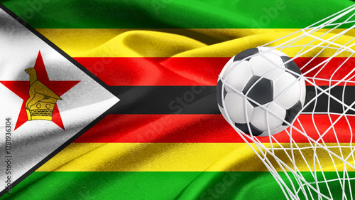 Football ball with the national flag of zimbabwe . Flag of zimbabwe. Horizontal Realistic waving flag of State of zimbabwe. Fabric textured flowing flag of zimbabwe 