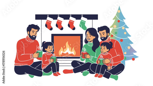 Cozy Christmas Gathering: A family shares warmth and joy by the fireplace, sipping hot cocoa, adorned with festive decorations, embodying the spirit of togetherness.