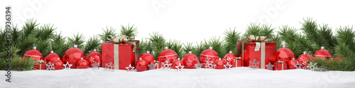Isolated glossy christmas decoration lined up on snow. 3D rendering red shiny baubles ornaments and gifts