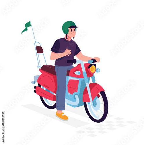 A young man in a motorcycle helmet riding a sports motorcycle, holding onto the steering wheel of a retro motorcycle. The illustration is isolated on a white background. A character, a mascot for desi