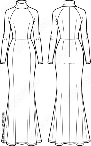 Cad drawing flat vector illustration, long sleeve gown, fashion sketch, princess seam dress, technical design, garment construction template
