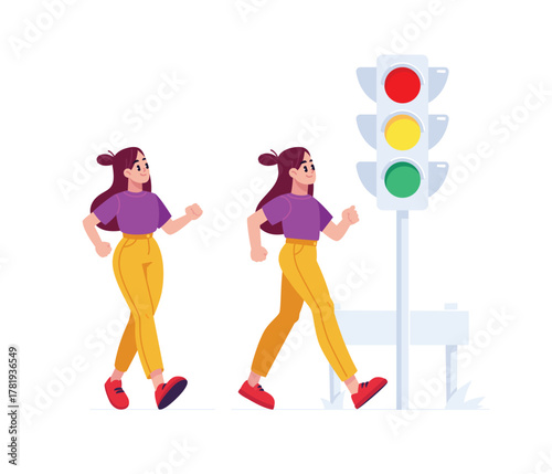 A girl in bright clothes walks along a pedestrian crossing at a green traffic light. The concept of road safety, traffic rules, urban life and pedestrian zones. An active lifestyle.