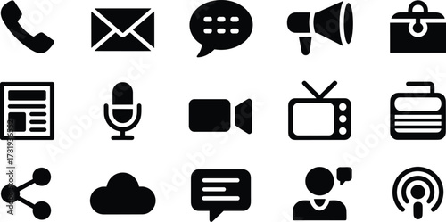 Communication and Media Icon Set – Vector Symbols of Messaging, Broadcasting, and Digital Content