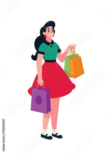 A girl with shopping bags, a consumer. The concept of a rich, active woman. Online purchases through marketplaces. Illustration for design projects, website and printing, mockup and banner design.