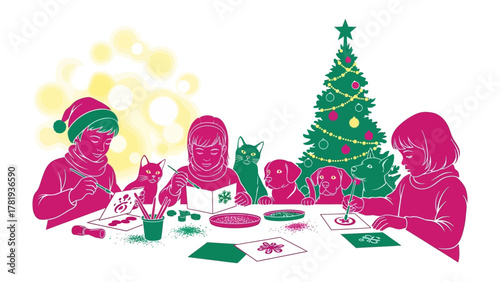 Festive Creativity: Children and pets are engaged in the painting process with a Christmas tree beside them, The scene radiates the essence of the joyous holiday season.