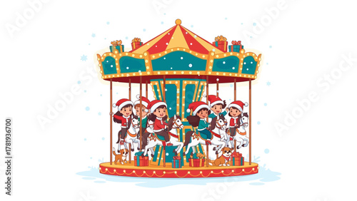 Whimsical Holiday Carousel: A festive carousel scene featuring joyful figures. The vibrant carousel, adorned with festive decorations and gift, evokes the magic and delight of the holiday season.