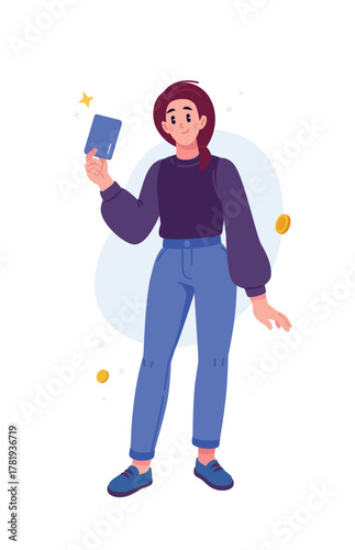 A young girl holding a bank card angrily in her hand. The image of financial technology and digital payments. The concept of payment, finance, and online shopping. Banking services.