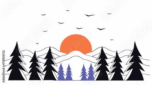 Sunset over Mountains A Minimalist Landscape with Trees and Birds in Flight