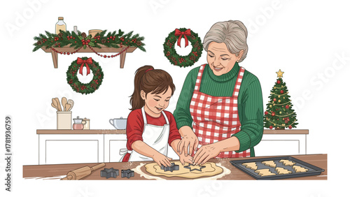 Baking with Grandmother: A heartwarming illustration shows a young girl and her grandmother sharing a cherished moment, diligently shaping Christmas cookies.