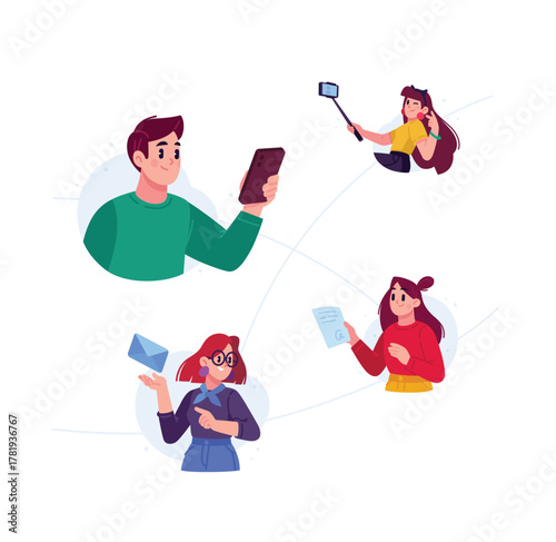 Social network, young people communicate. A guy meets girls. The relationship between the generation of buzzers through devices. Illustration for design projects, website and printing, mockup design.