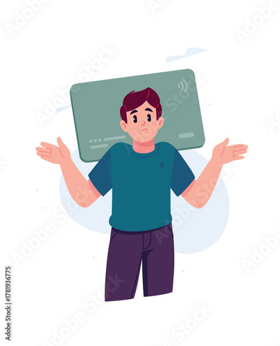 A disappointed young man on the background of a bank card. The account balance is zero. The image of financial technology and digital payments. The concept of payment, finance, and online shopping. Ba